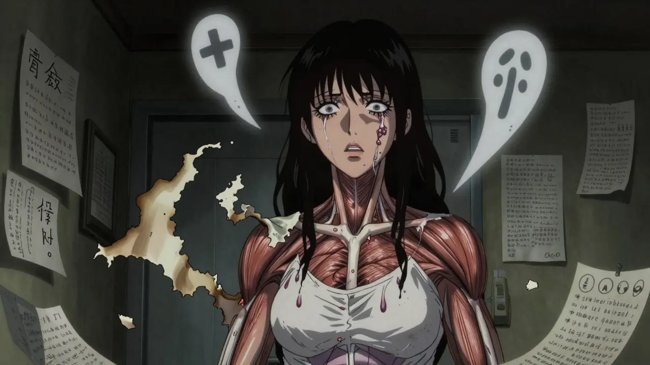 Une femme dont la peau se détache en lambeaux, avec des cloques aux yeux et à la bouche, dans un style horrifique.