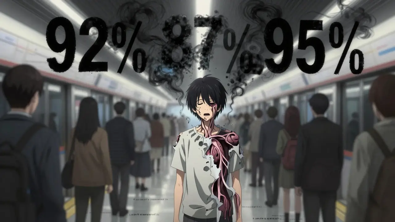 Une personne sur un quai de métro dont le corps se dissout en fumée noire, entourée de chiffres flottants représentant les symptômes de l'anxiété.