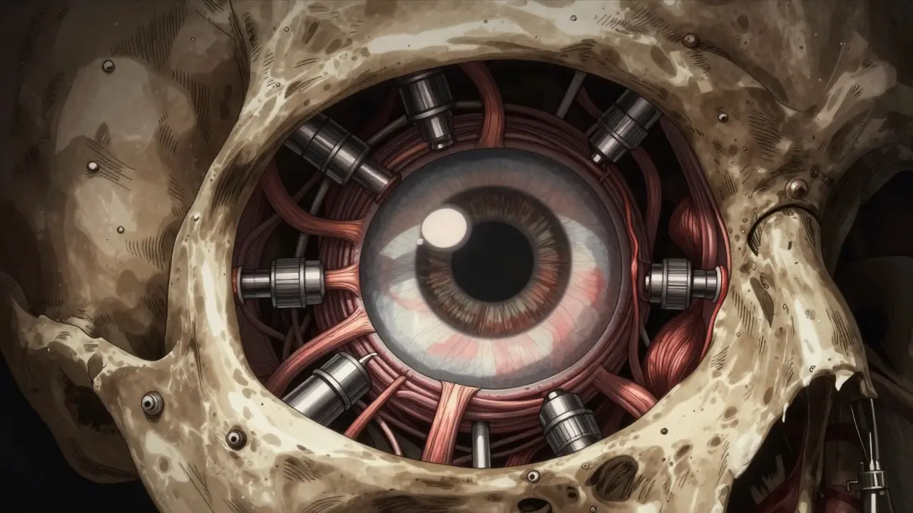 Vue anatomique des muscles moteurs de l'œil