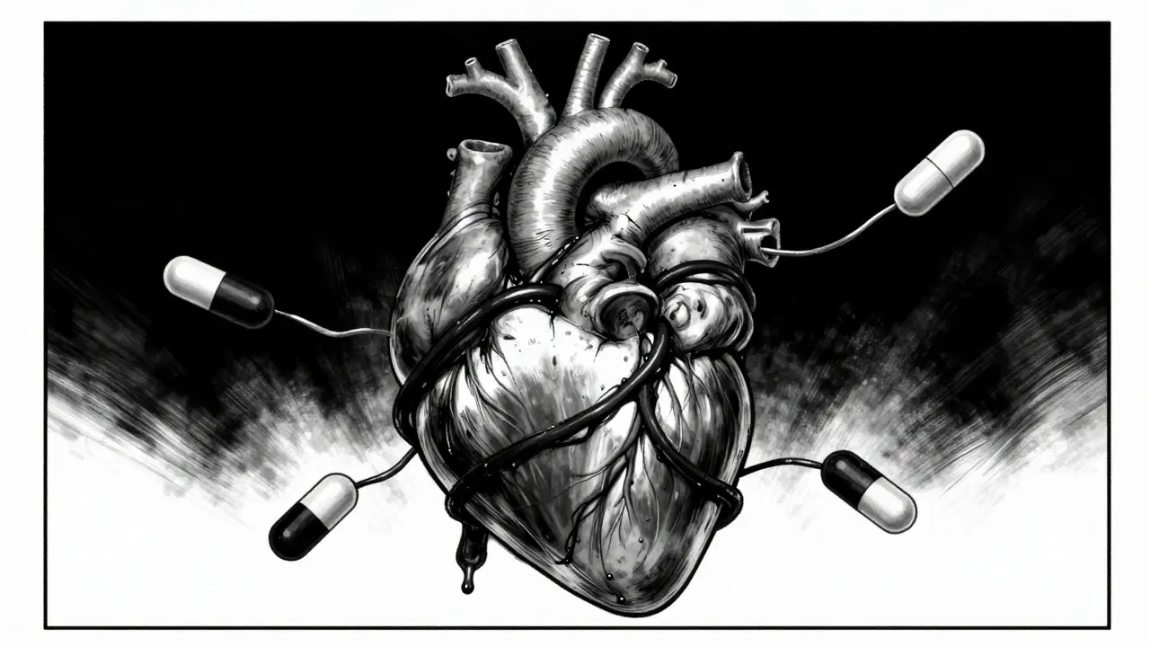 Cœur humain entrelacé de spirales noires et de comprimés dans le style horrifique de Junji Ito.