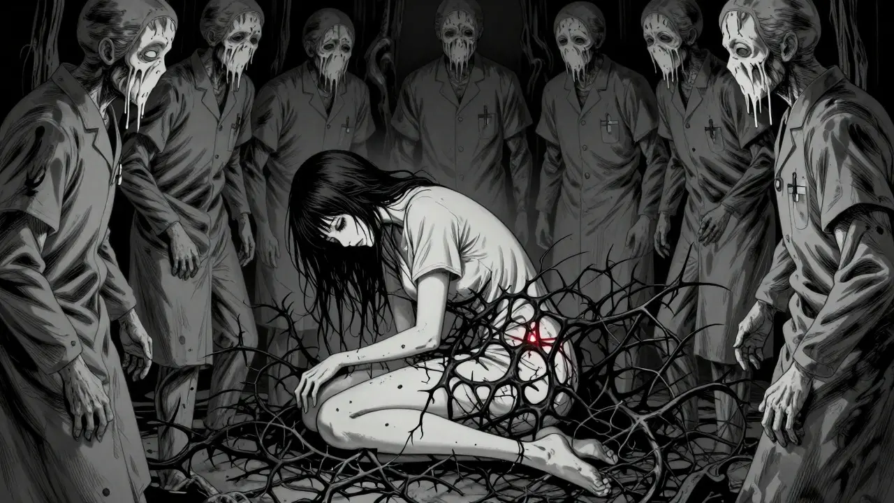 Femme isolée et accablée entourée de figures médicales déformées et oppressantes.