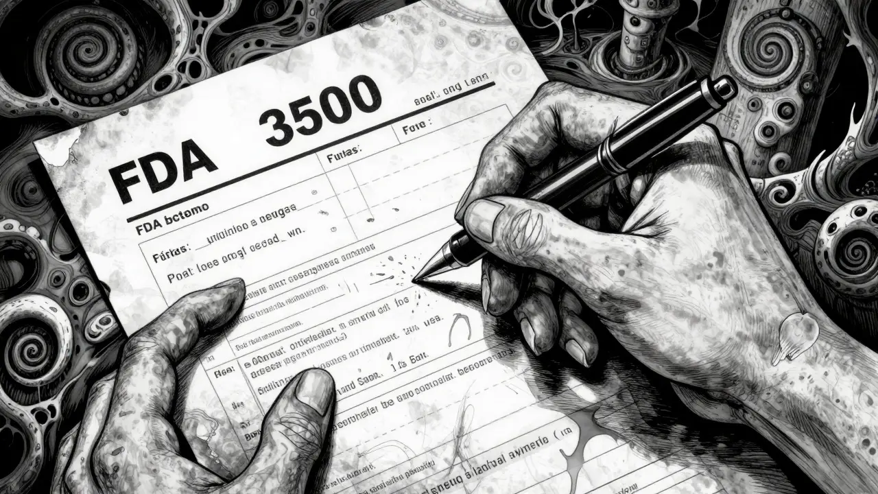 Gros plan d'une main remplissant un formulaire FDA avec des détails grotesques et oppressants.