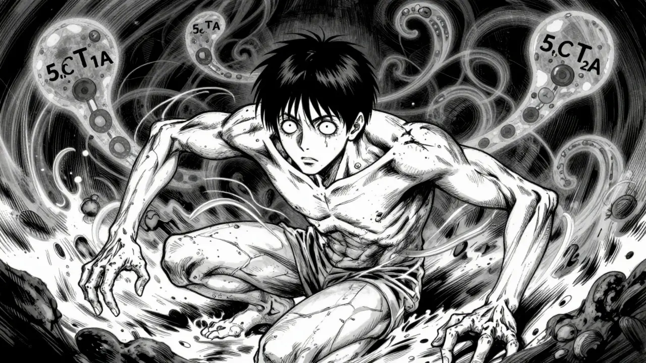 Homme en crise de syndrome sérotoninergique avec tremblements et expression hallucinée, style manga horrifique.