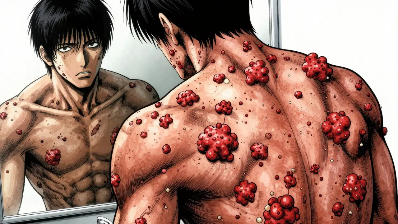 Illustration d'une personne avec des éruptions cutanées denses sur le dos et le torse.