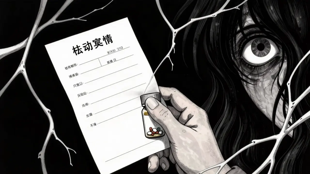 Main tenant une ordonnance et un flacon de médicament avec un fond sombre et organique.