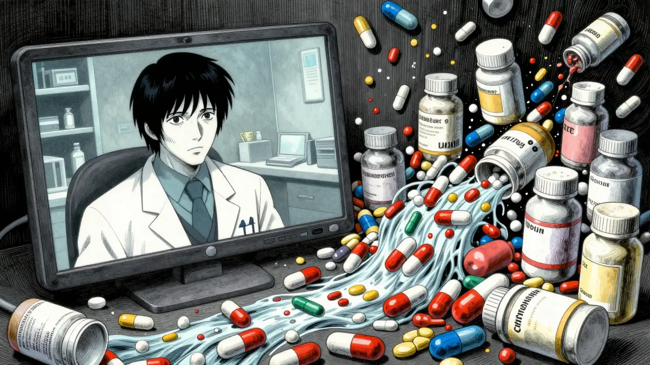 Montage surréaliste de téléconsultation et de médicaments dans un style manga d'horreur.