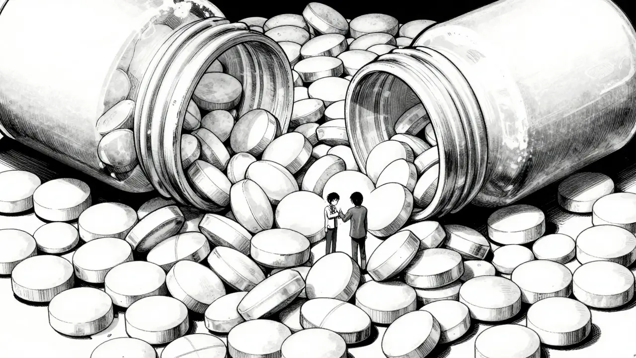 Montagne de comprimés génériques de loratadine dans un style manga surréaliste.