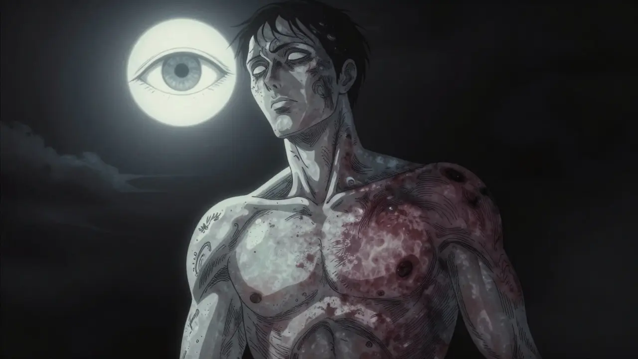 Personnage subissant une hyperpigmentation cutanée sous un soleil distordu.