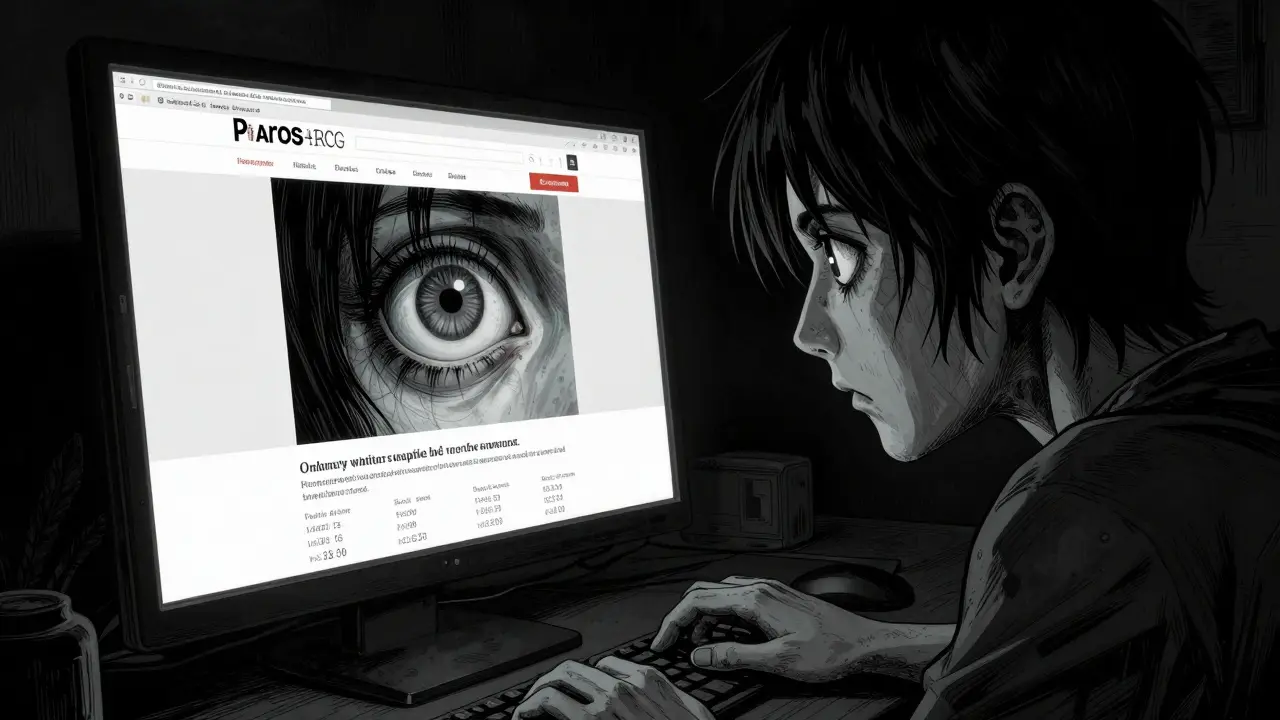 Personne analysant prudemment un site de pharmacie en ligne dans le style de Junji Ito.