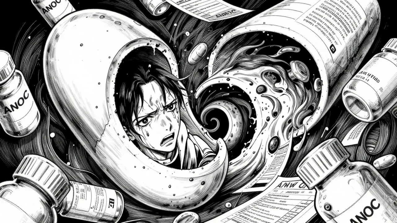 Personne aspirée dans un vortex de médicaments et de documents d'assurance.