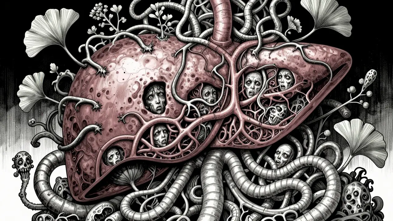 Représentation grotesque d'un foie étranglé par des racines de plantes médicinales.