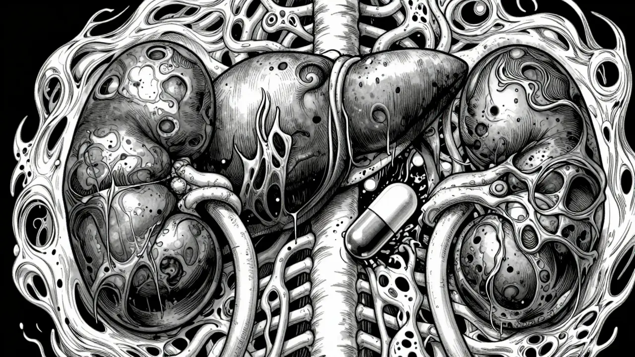Représentation grotesque et surréaliste d'un foie et de reins saturés par des médicaments, style manga.