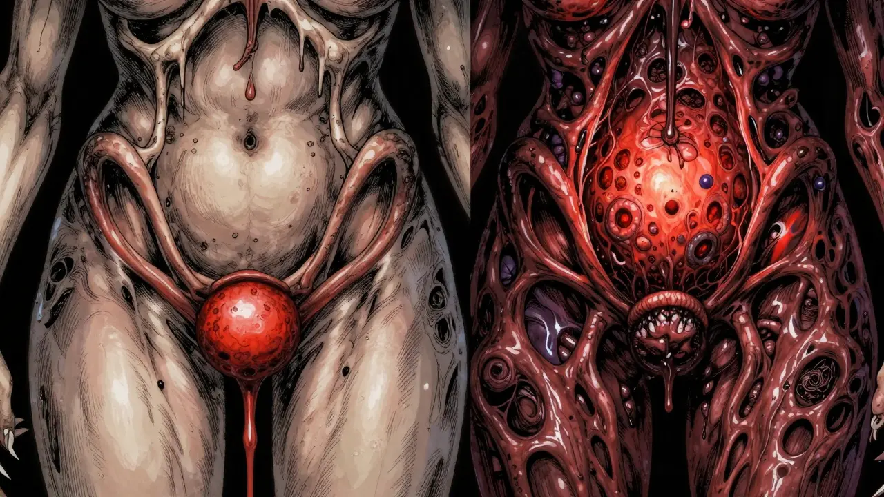 Représentation macabre de l'inflammation de la vessie et des lésions d'endométriose.