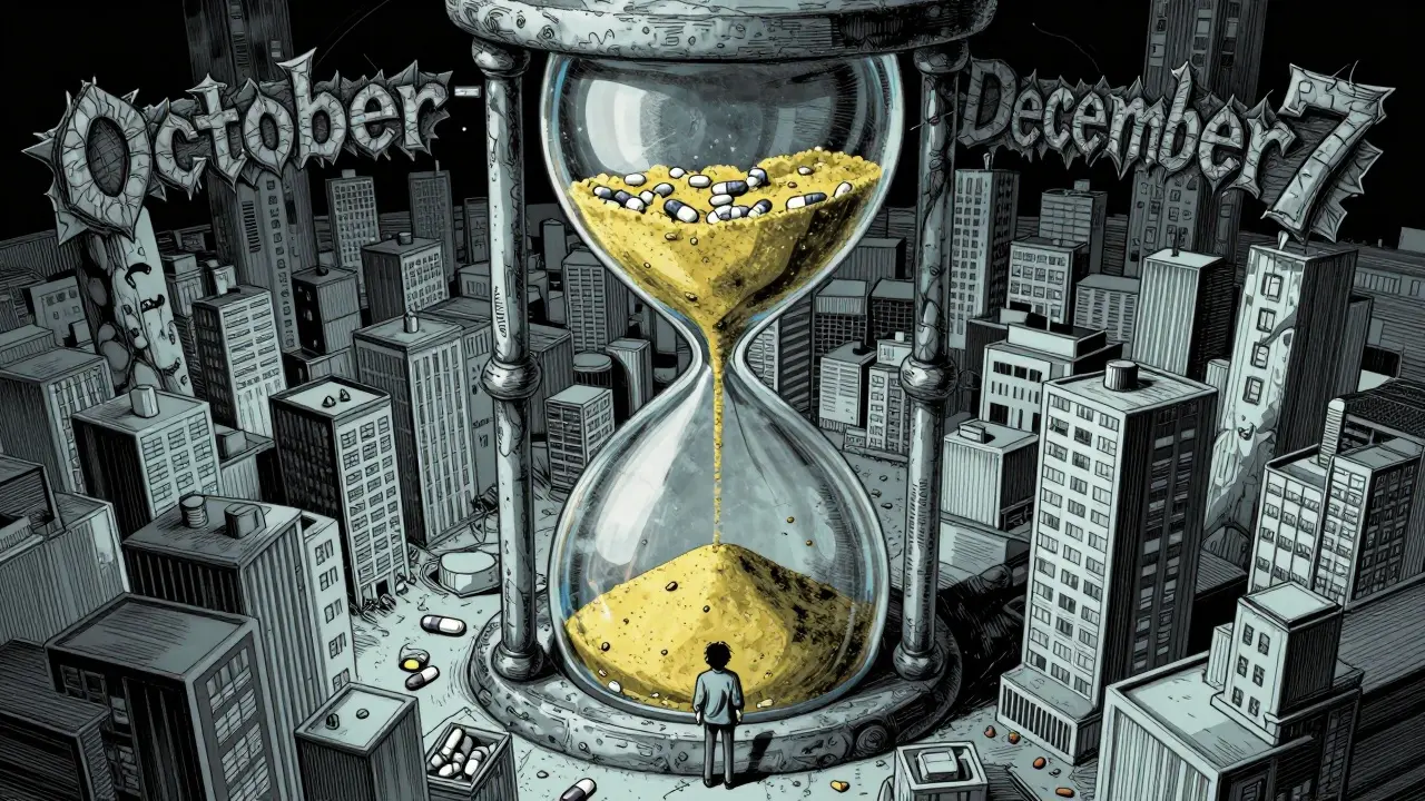 Sablier géant avec des pilules symbolisant la date limite d'inscription Medicare.