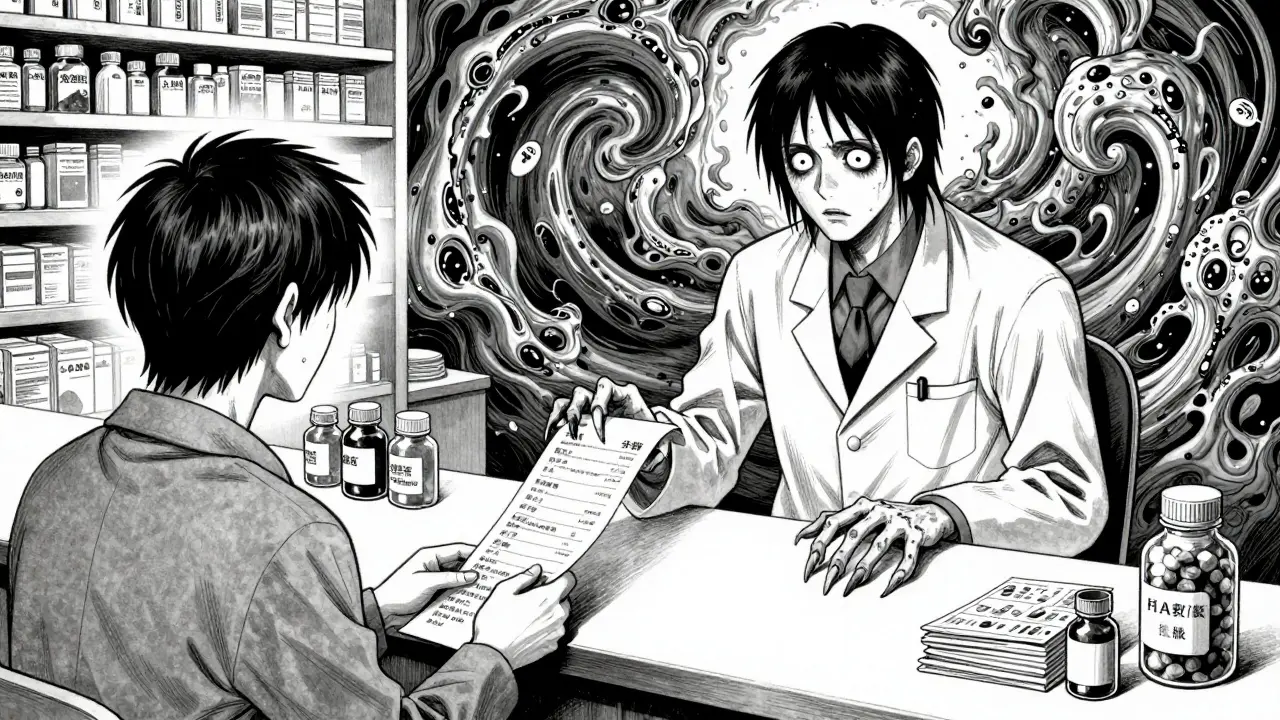 Scène surréaliste de pharmacie avec un patient tenant une liste interminable de médicaments.