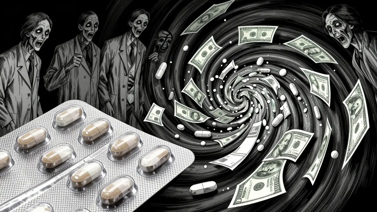 Spirale surréaliste de médicaments et de coupons de réduction en style manga d'horreur.