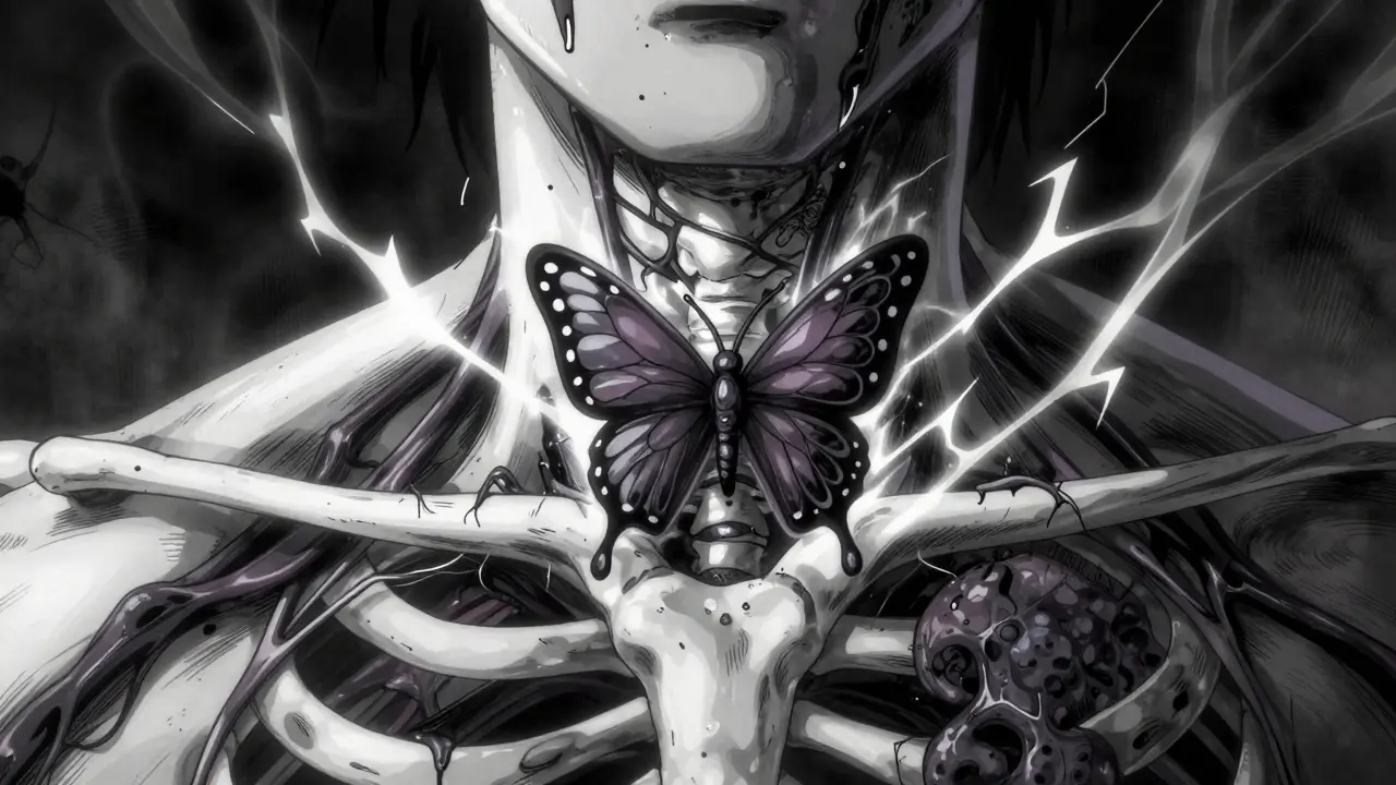 Thyroïde déformée émettant de l'énergie dans le cou.