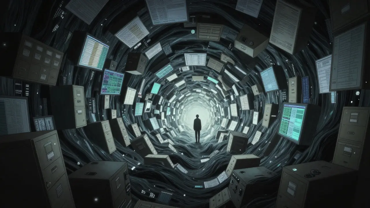 Une figure humaine minuscule face à une masse monstrueuse de données médicales dans un style Junji Ito.