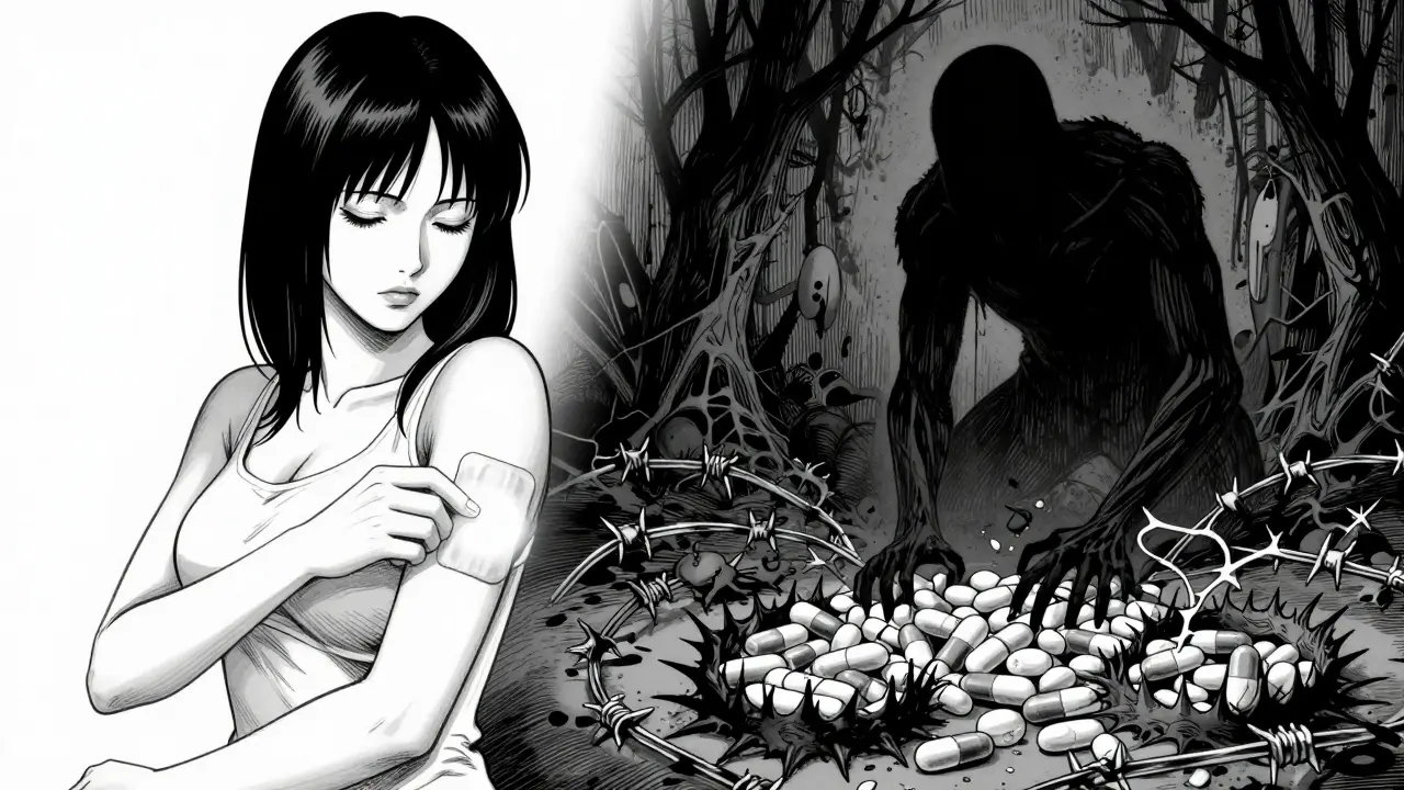 Contraste en style Junji Ito entre la sécurité du patch THM et les dangers des comprimés oraux.
