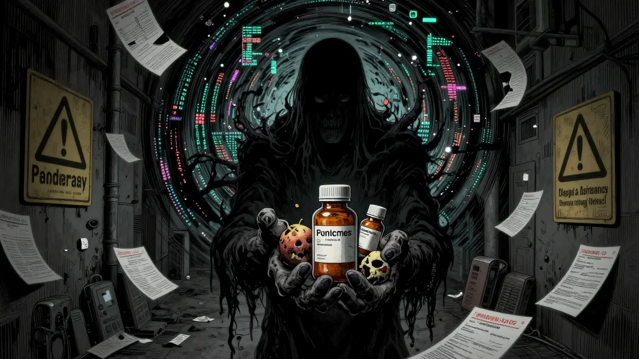 Créature sombre représentant les arnaques pharmaceutiques en ligne