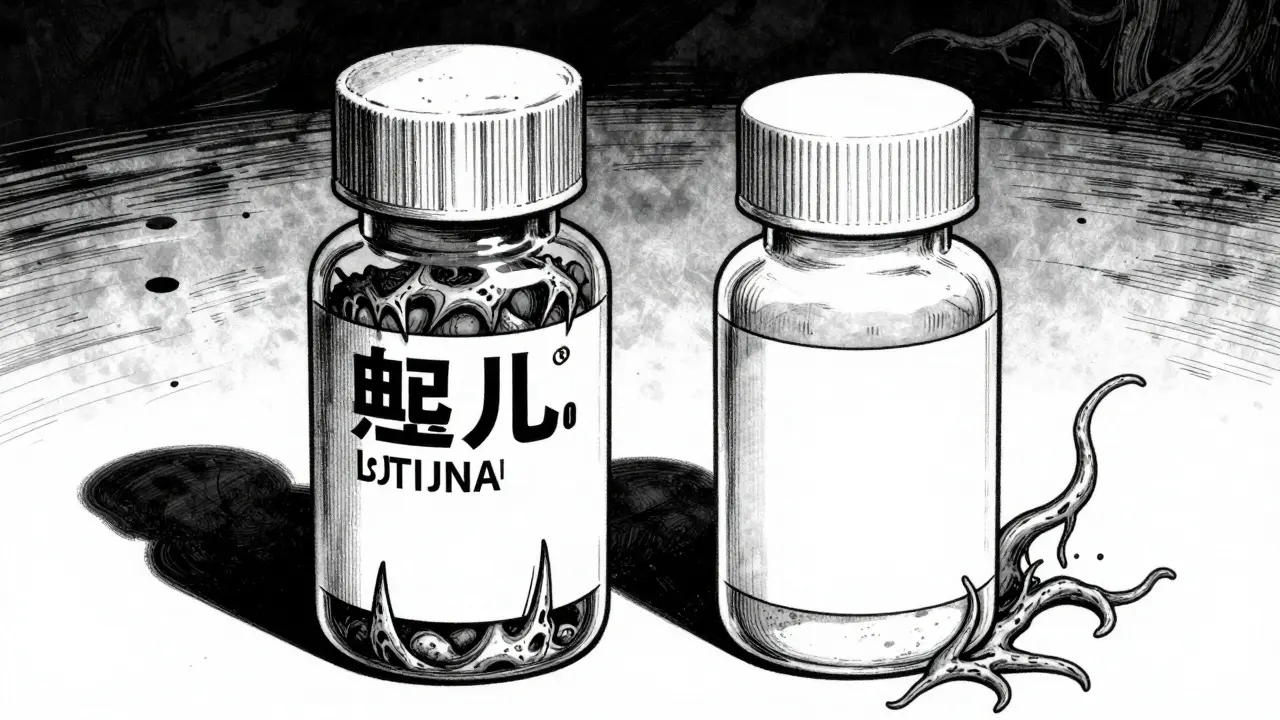 Deux flacons de médicaments, l'un monstrueux, style horreur manga Junji Ito