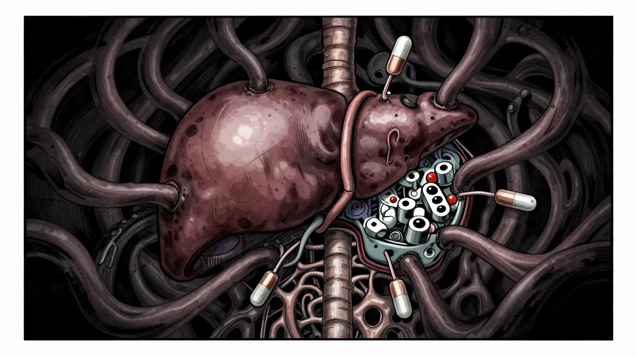 Foie humain envahi par des ombres symbolisant les interactions médicamenteuses