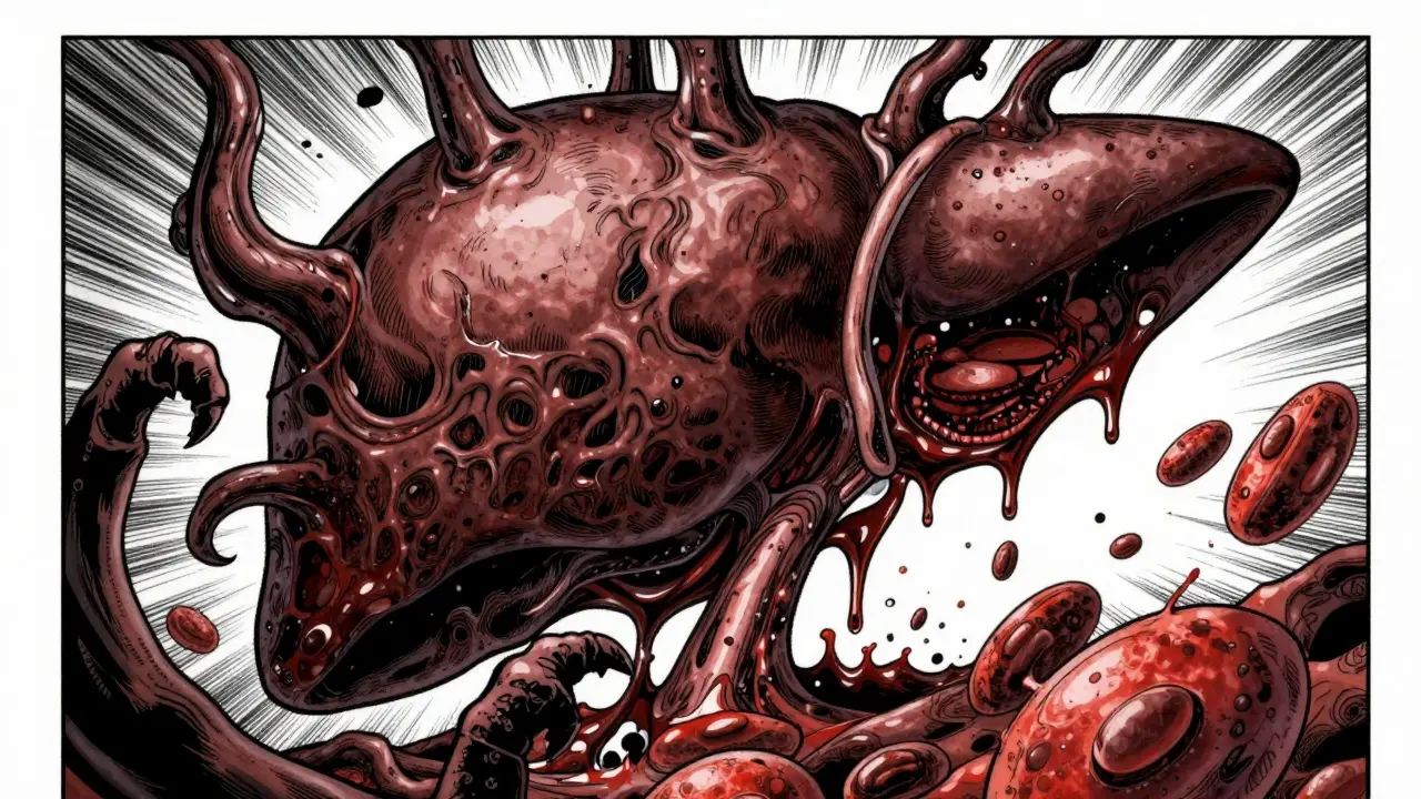 Foie humanoïde tordu luttant contre le poison, art manga grotesque