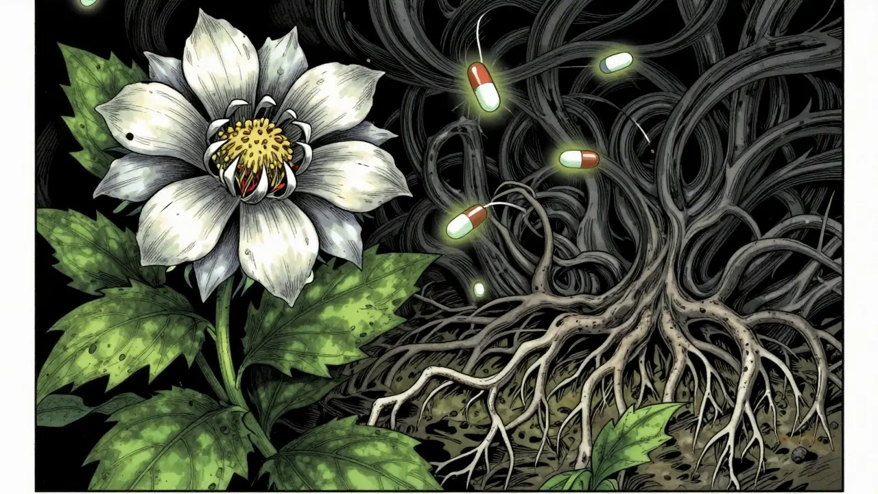 Horreur botanique de style Junji Ito : une fleur de millepertuis aux racines menaçantes saisit des pilules.