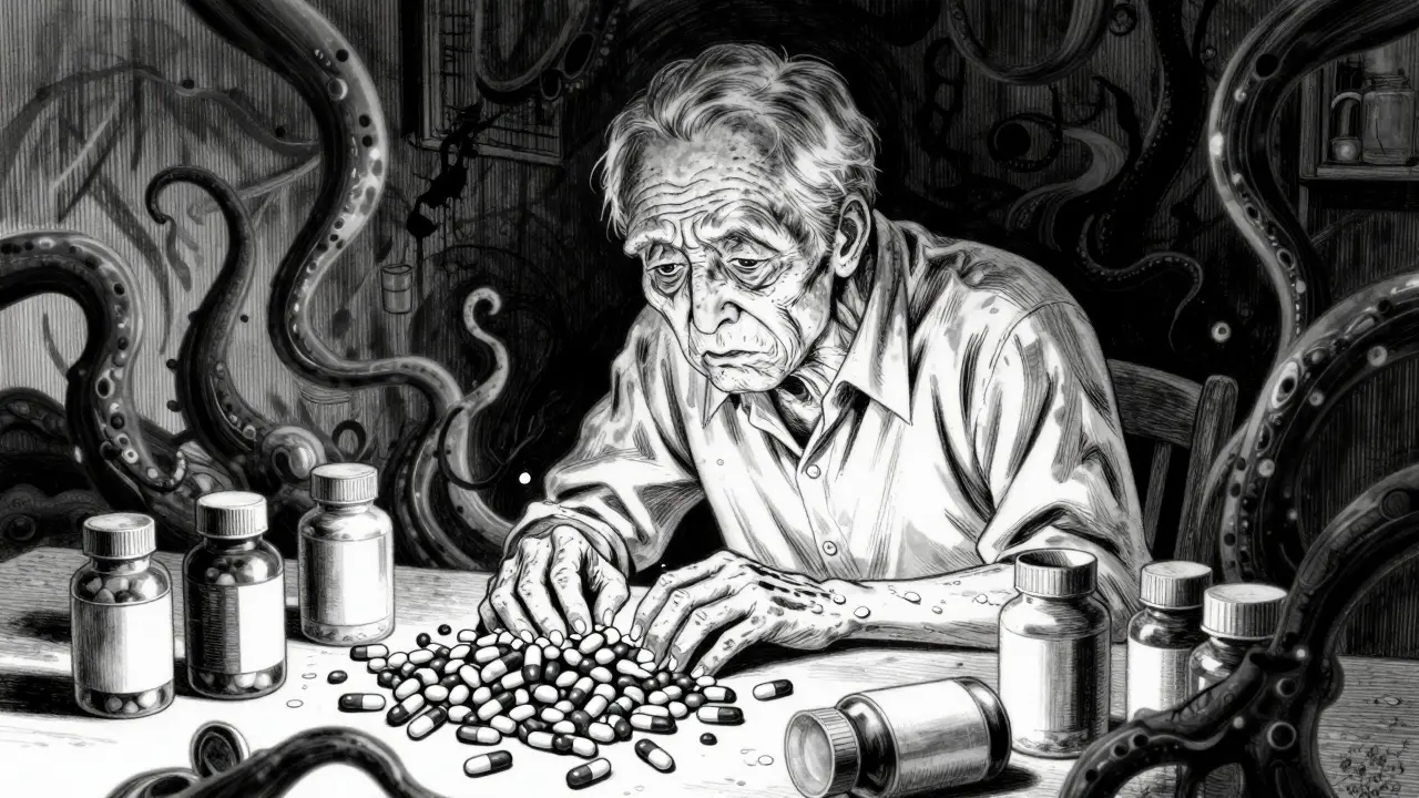 Personne âgée entourée de médicaments, avec des ombres tentaculaires symbolisant les effets cumulés.
