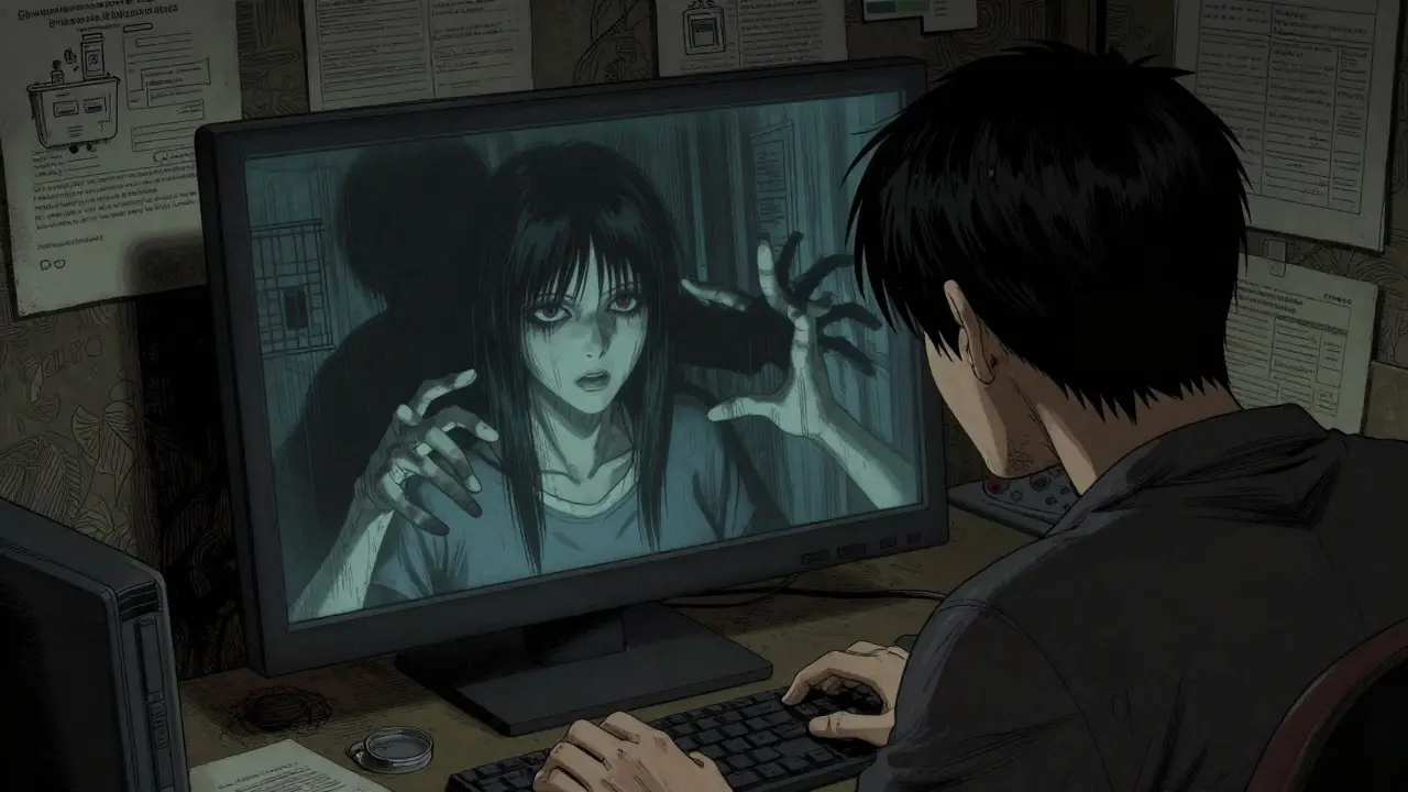 Personne devant un écran d'ordinateur reflétant une ombre menaçante, style Junji Ito