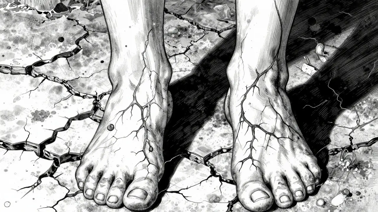 Pieds et paumes affectés par le syndrome main-pied, dessin sombre et détaillé