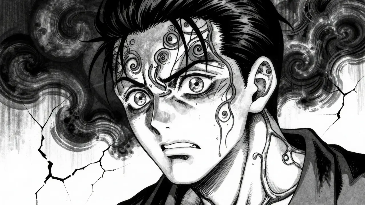 Portrait manga d'une crise hypertensive avec des veines saillantes et une douleur intense