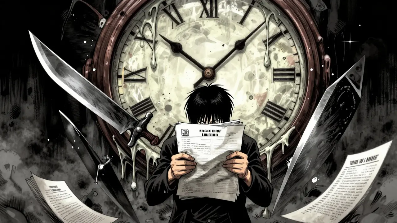 Style Junji Ito : documents juridiques devenant des armes contre une montre géante fondue, urgence légale.