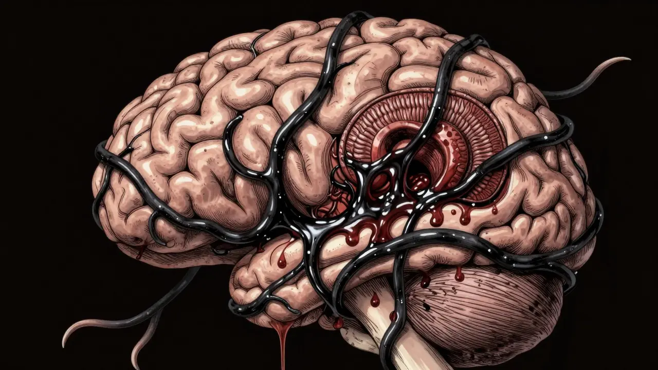 Cerveau en décomposition avec des tendons noirs étouffants