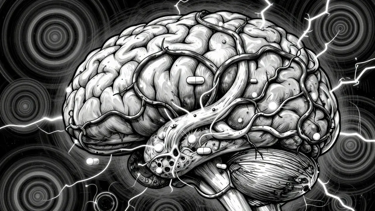Cerveau stylisé avec des nerfs enchevêtrés et des spirales hypnotiques illustrant la sensibilisation