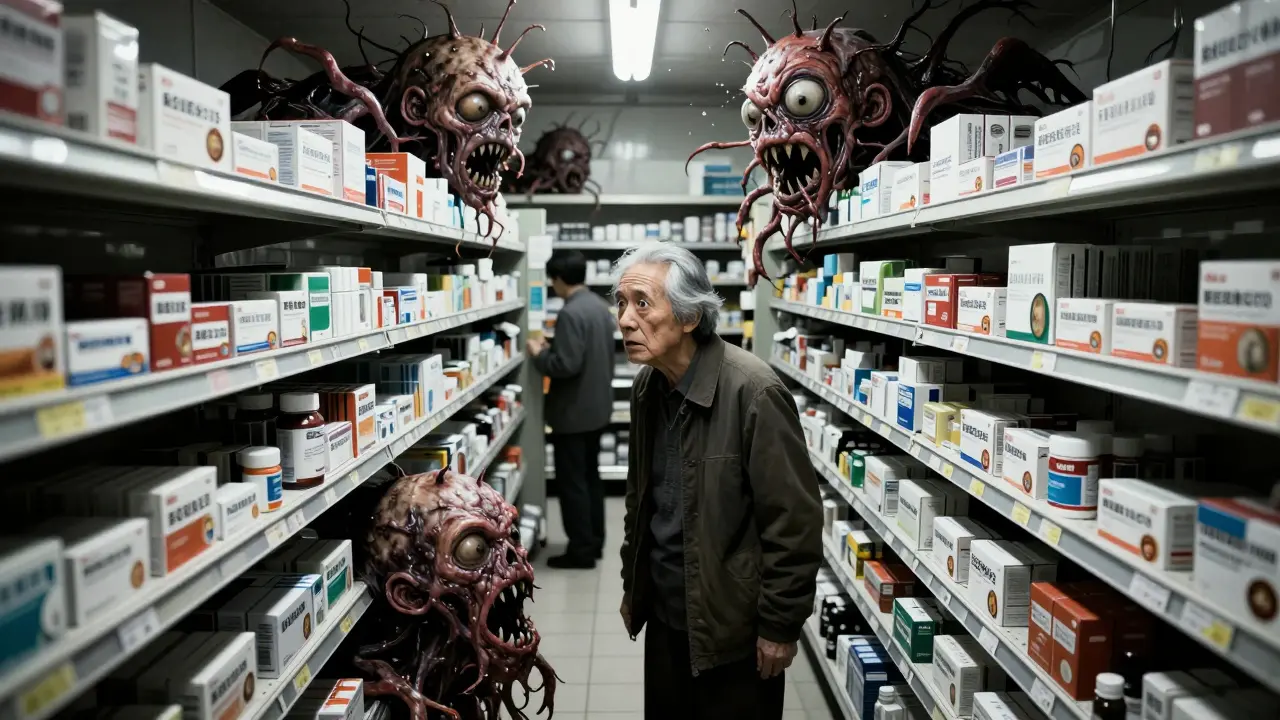 Étagères de pharmacie monstrueuses dans un labyrinthe effrayant