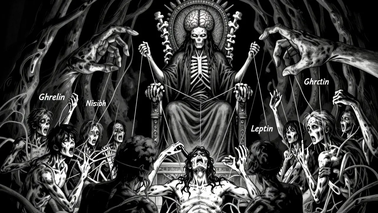Hypothalamus monster controlling hunger hormones in horror manga style