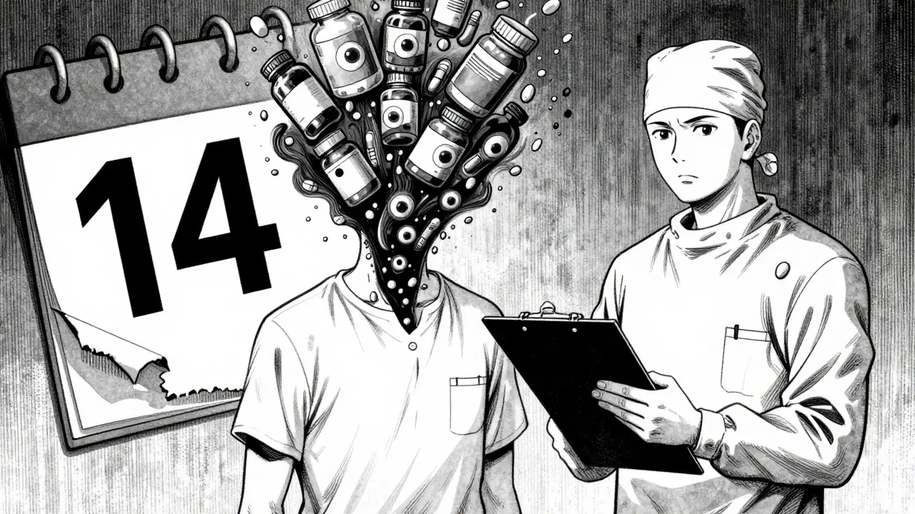 Patient anxieux face au chirurgien avec des bouteilles de médicaments