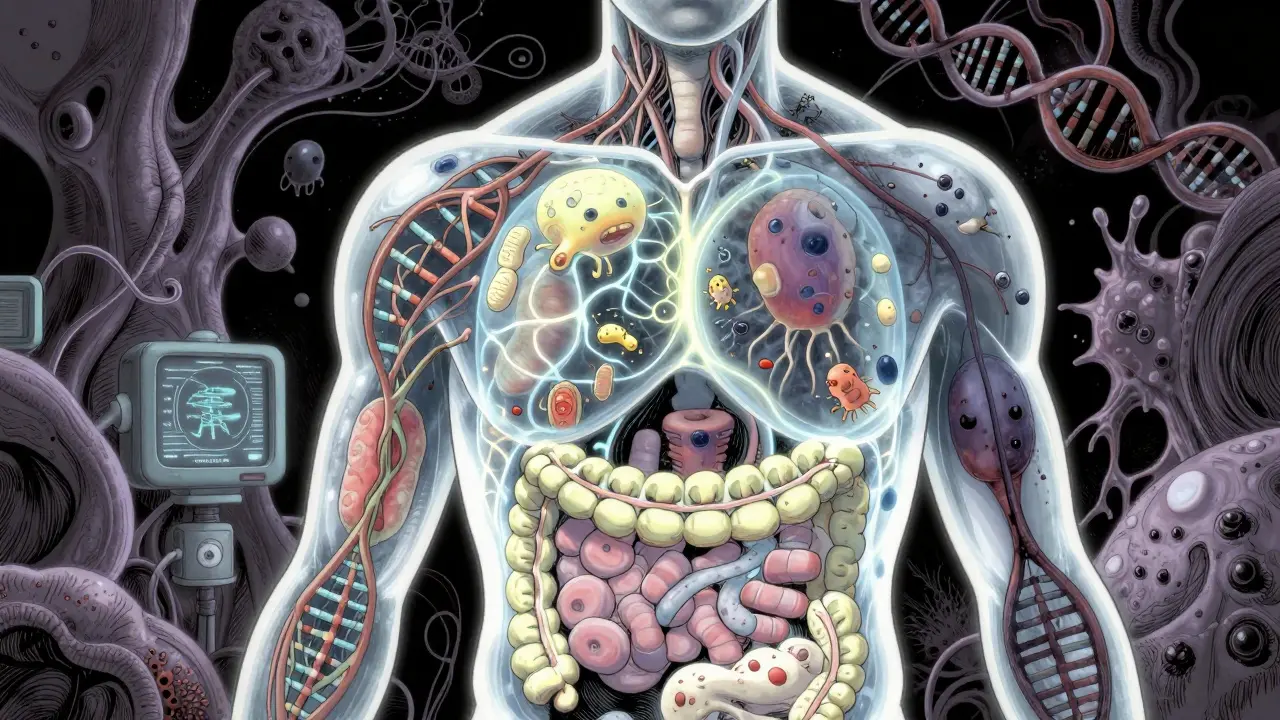 Translucent body showing gut bacteria and DNA in Junji Ito style