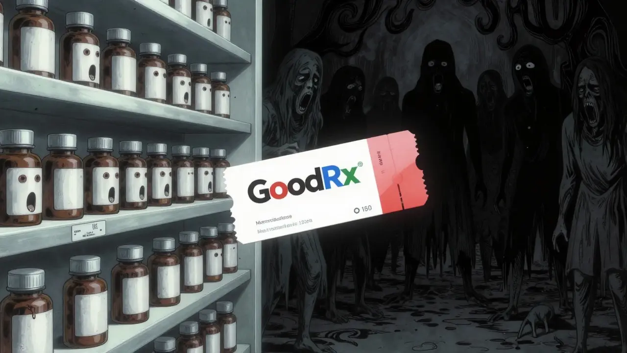 Horror illustration of pharmacy shelves and shadows in Junji Ito style