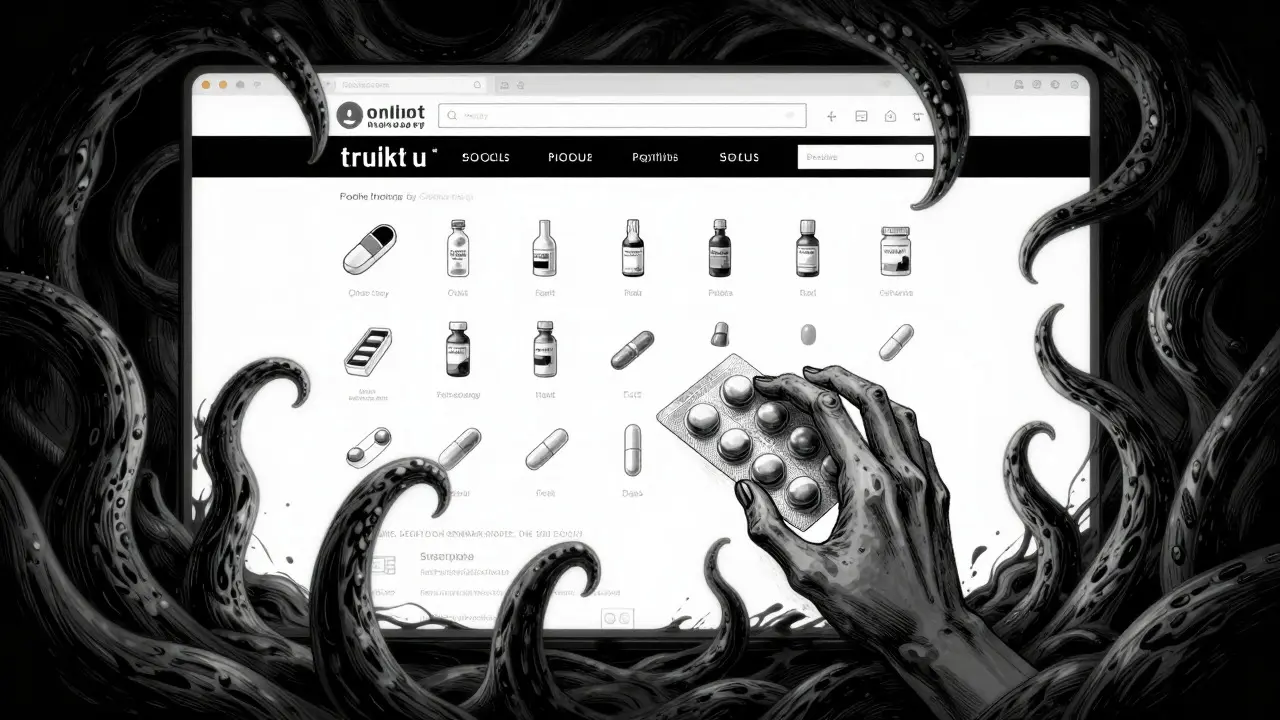 Interface de pharmacie en ligne se transformant en tentacules sombres