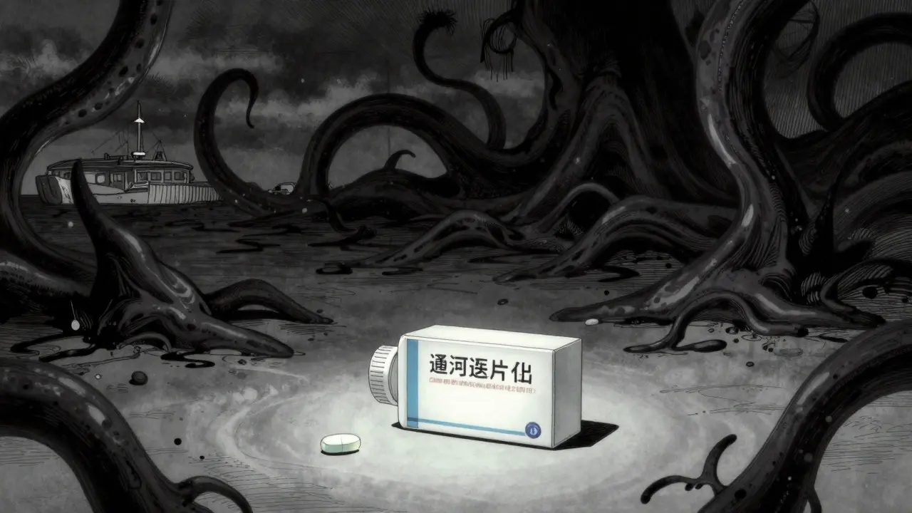 Médicament sûr entouré d'ombres chaotiques, style manga sombre