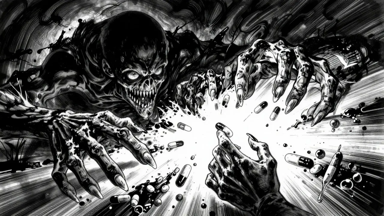 Monstre des arnaques pharmaceutiques en ligne, dessin noir et blanc