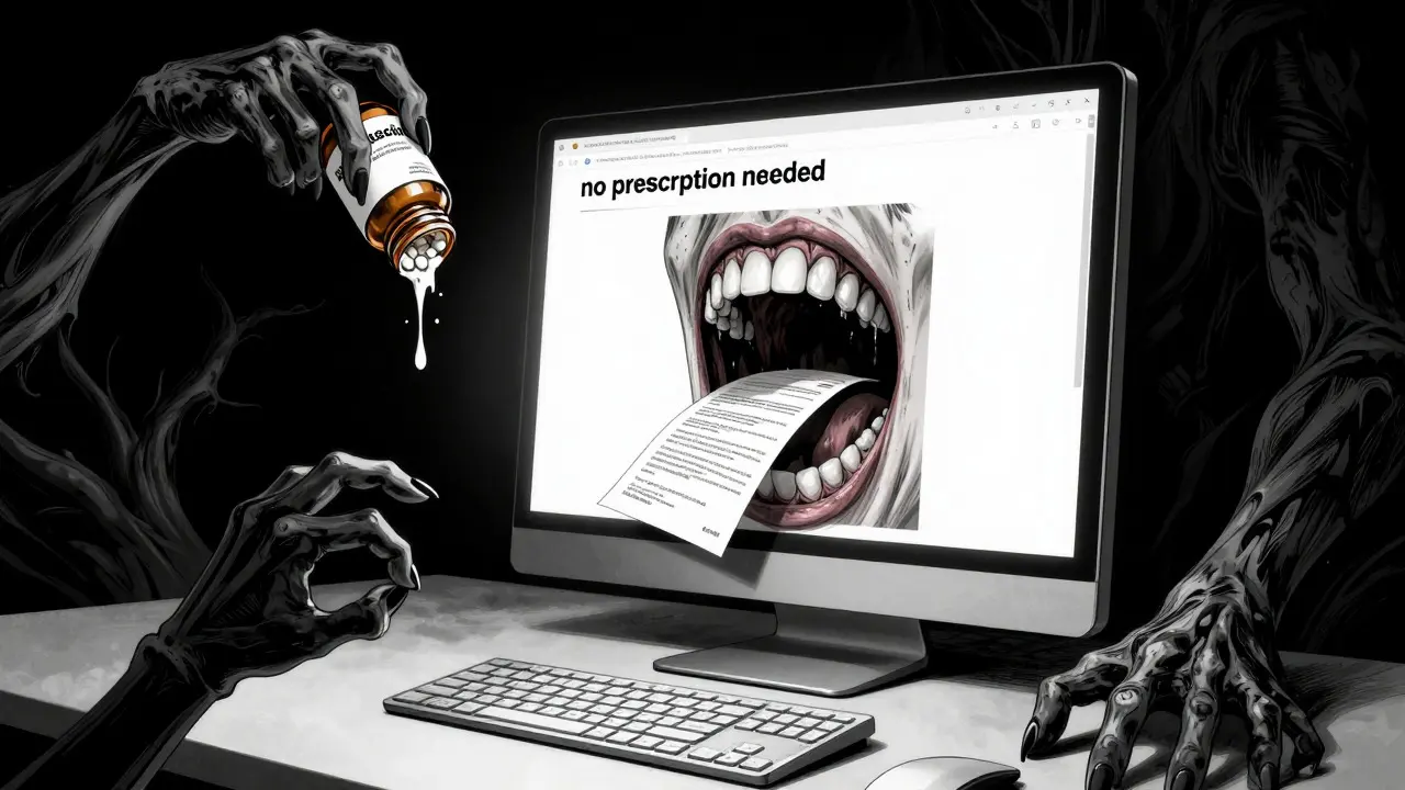 Ordinateur monstrueux avalant des ordonnances, illustrant les risques en ligne