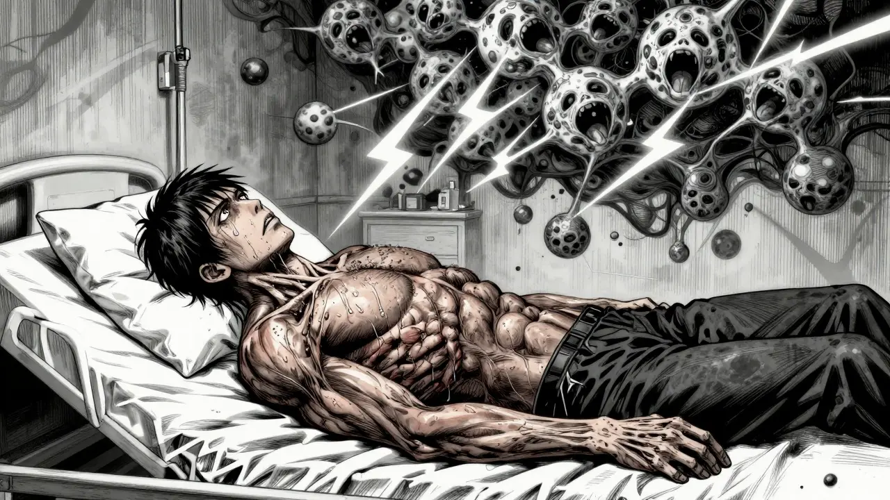 Patient en crise sérotoninergique avec une aura de terreur psychologique et physique.