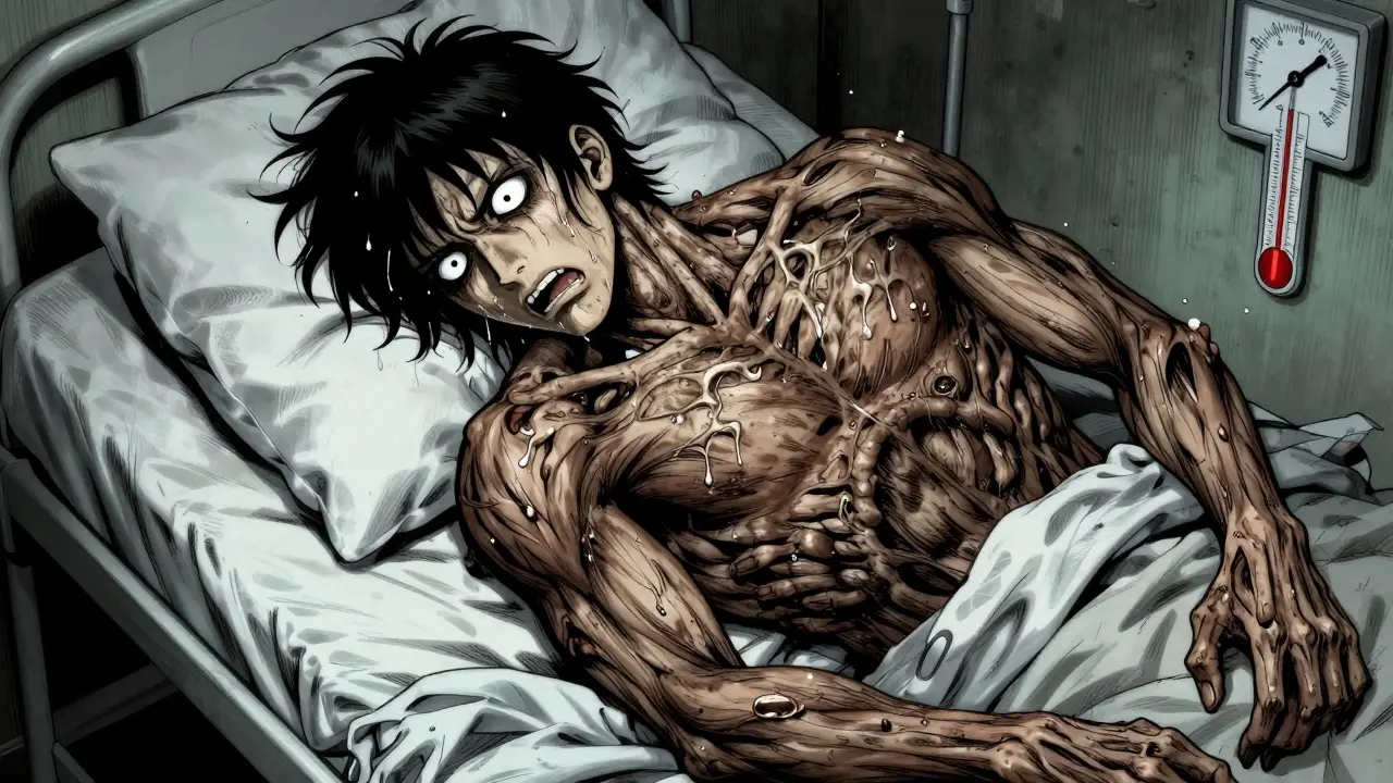 Patient souffrant de rigidité musculaire extrême et fièvre, style manga sombre