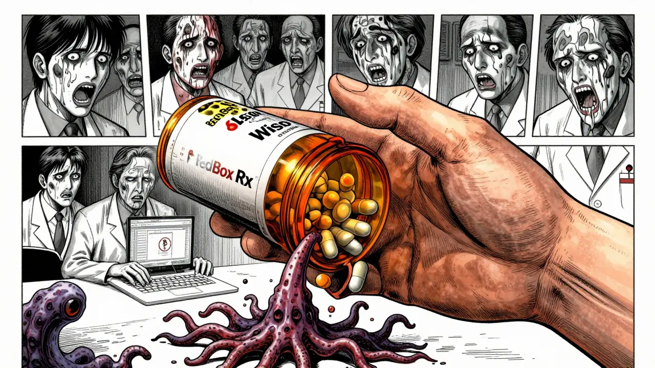 Pills turning into monsters in Junji Ito style, symbolizing online drug risks