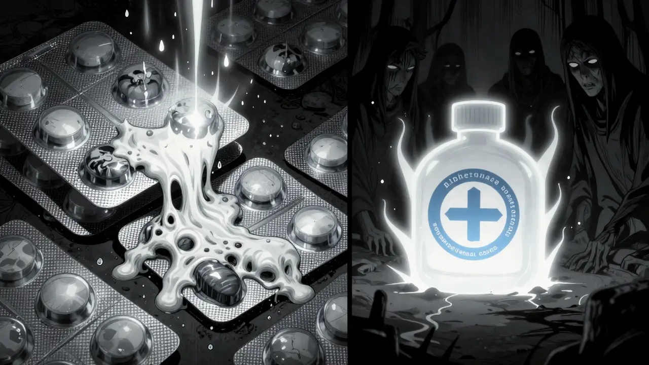 Stockage de médicaments se transformant en textures organiques horribles