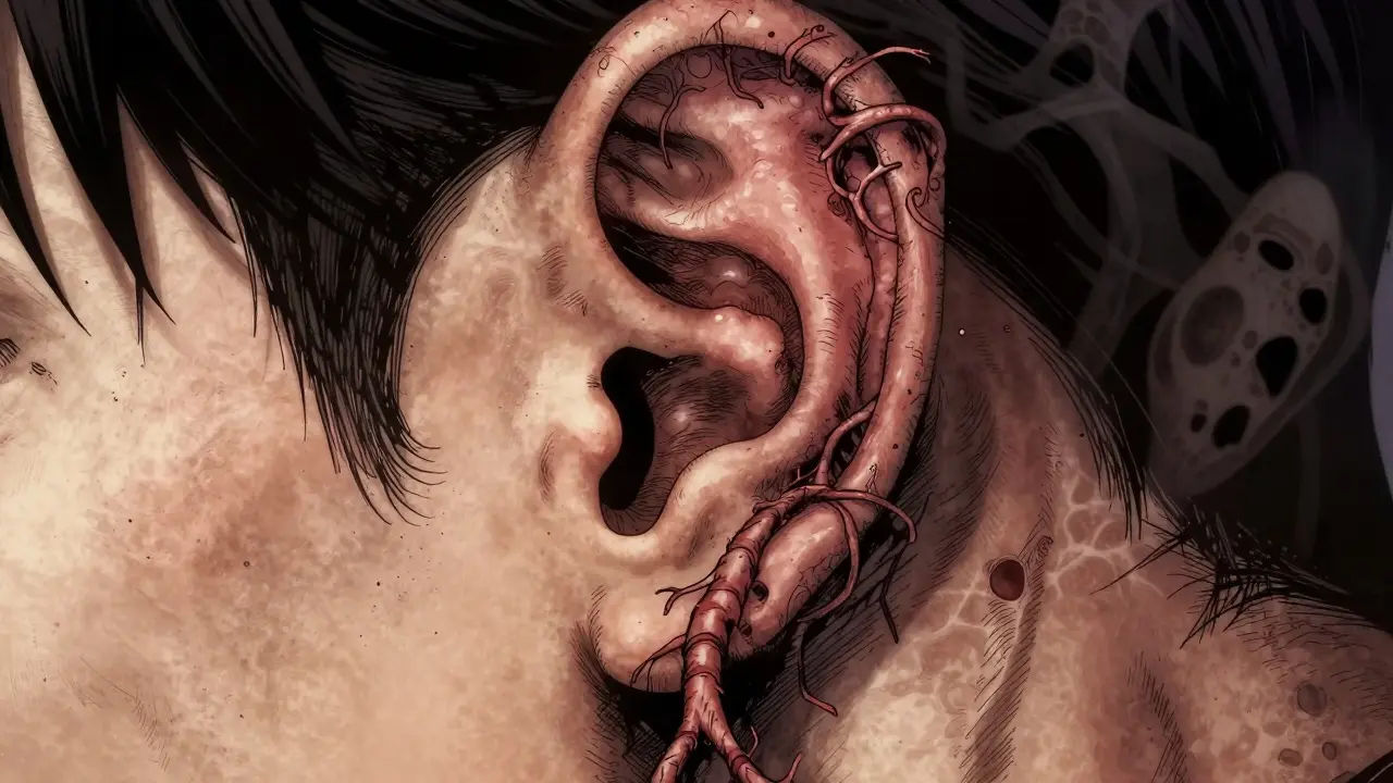 Style Junji Ito : keloïde déformé envahissant le lobe d'oreille