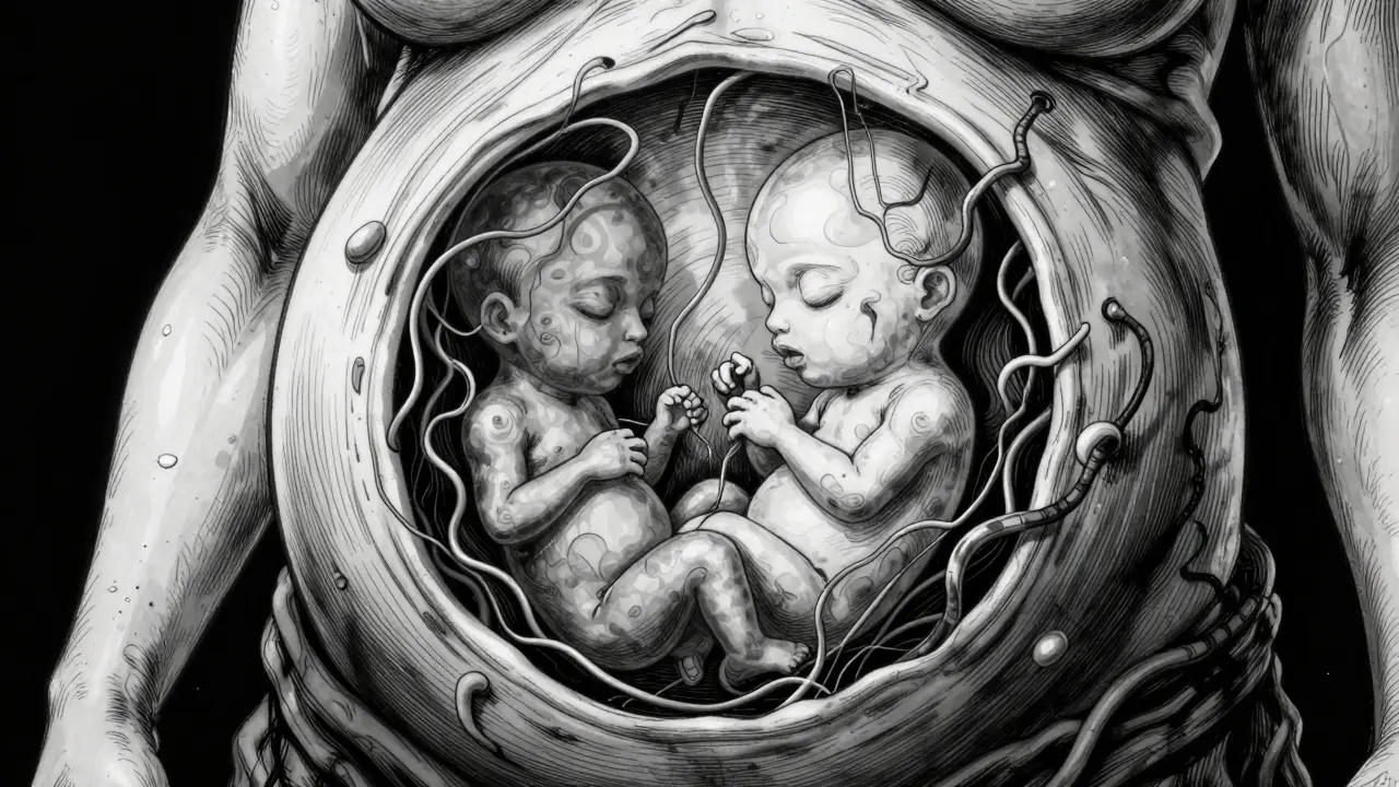 Ventre enceinte détaillé montrant des processus biologiques abstraits et inquiétants